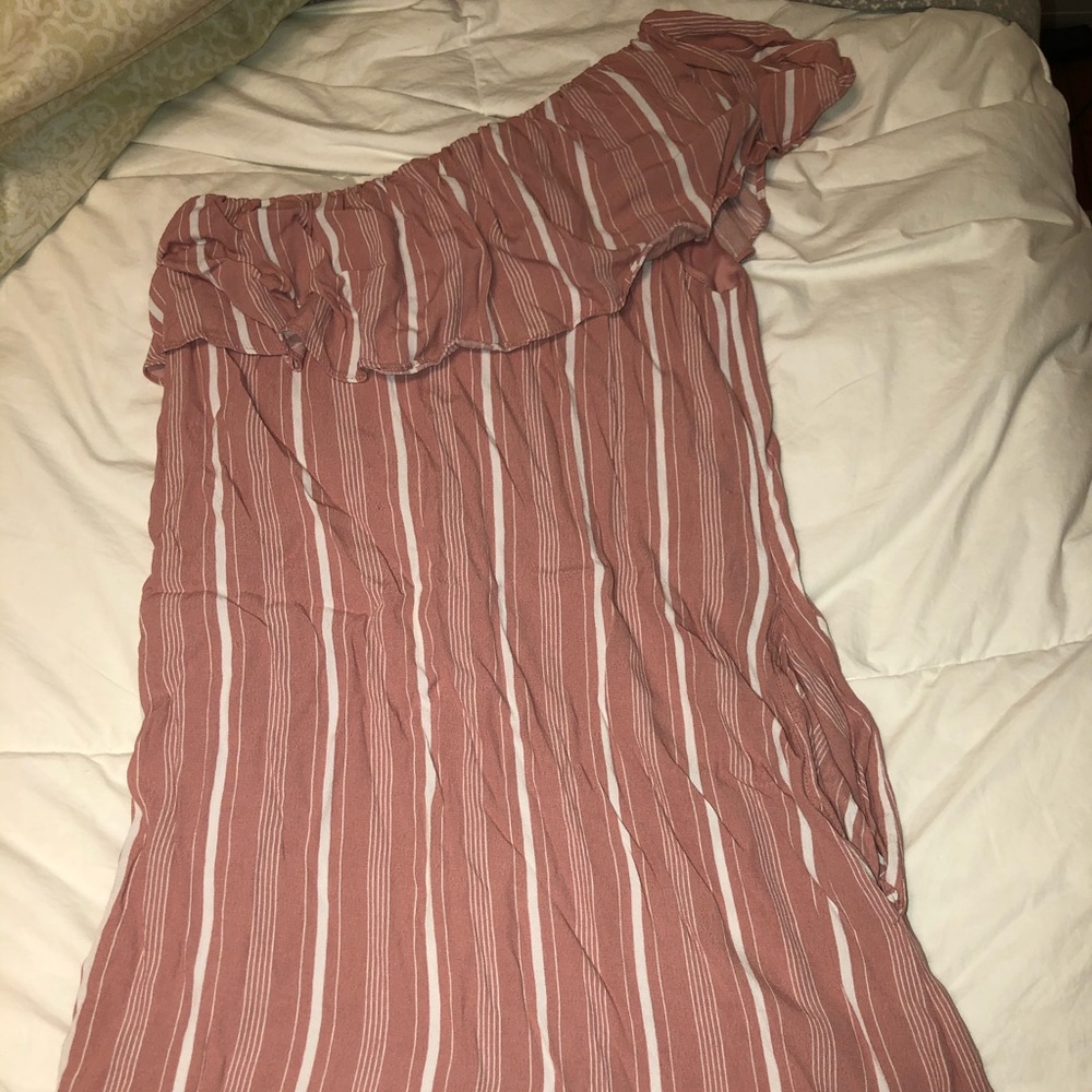 Pink off the shoulder white striped dress